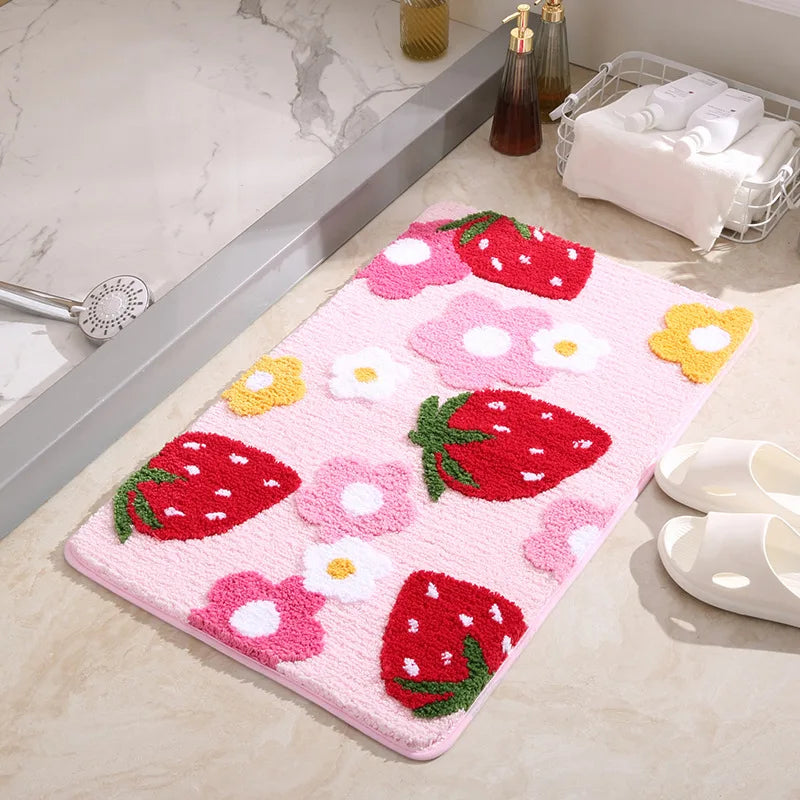 Tapis de bain fraise rose